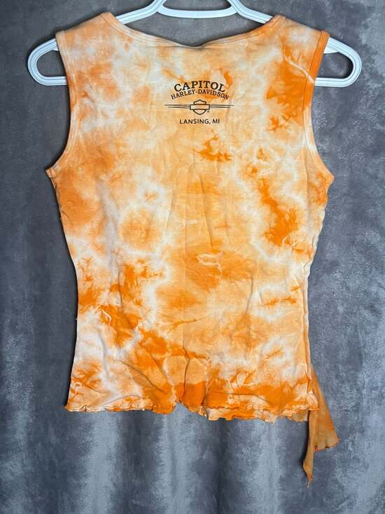 Vintage Harley-Davidson Orange Tie-Dye Asymmetrical Mesh Layer Tank Top Lansing - Picture 2 of 2
